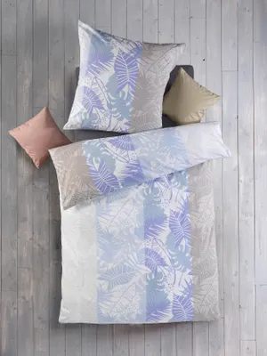 Produktbild von 2tlg Bettwäsche-Set Baumwolle Renforce Bettgarnitur Bett Bettbezug 135x200 Kissenbezug 80x80 Schlafzimmer Grau Blau Blätter