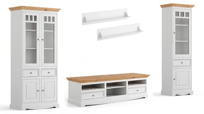 Produktbild von Wohnwand Belluno Elegante Anbauwand 5-teilig Massivholz gebeizt Farbe wählbar,Kiefer weiß lackiert / Kiefer Natur gebeizt