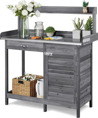 Produktbild von Pflanztisch mit Unterschrank & Zink-Arbeitsplatte & Schubladen | Gärtnertisch Holzpflanztisch Blumentisch Wetterfest mit 3 Haken für Garten Balkon Terrasse, 112 x 46,5 x 125 cm, Grau