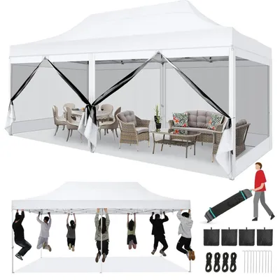 Obrázek produktu pro Skládací pavilón 3x6 metrů, vodotěsný, stabilní, se 6 bočními stěnami, skládací, zahradní pavilón, s UV ochranou, materiál 420D Oxford, bílý