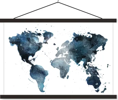 Produktbild von MuchoWow® Textilposter Weltkarte - Blau - Abstrakt 90x60 cm mit schwarzem Rahmen - Aufhängungssatz