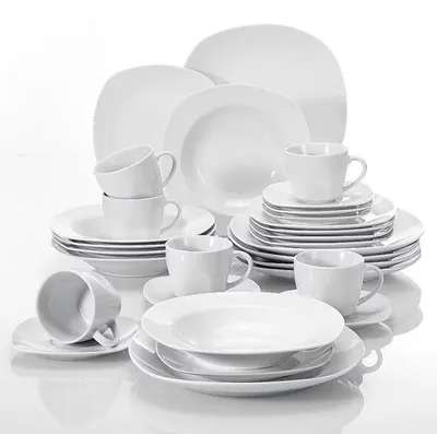 Image de Assiettes plates Regal – 6 personnes – 30 pièces – Céramique blanche – Service de table – Assiettes à petit-déjeuner – Services de table