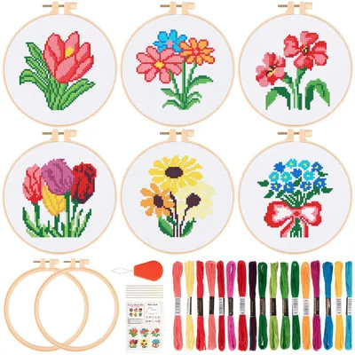 Blumen-Kreuzstich-Set, 6-teilig, DIY-Stickerei für Anfänger