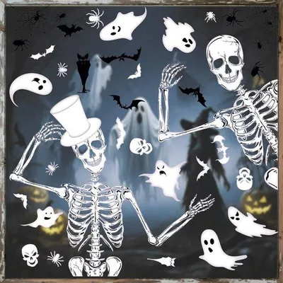 Immagine prodotto di Decorazioni di Halloween, grandi adesivi da parete con scheletri e ragnatele, adesivi biadesivi trasparenti fai da te per finestre e feste di Halloween, 9 fogli