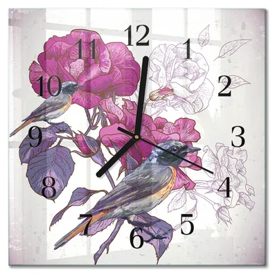 Produktbild von Tulup Glasuhr Wanduhr Küchenuhr Echt-Glas 30x30 cm Modern Dekorativ Geräuschlos Schwarzen Zeigern - Vögel Blumen