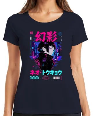 Zdjęcie produktu dla Koszulka damska z motywem "Neo Tokyo", anime, cyberpunk, Japonia, efekt glitch, styl Y2K, dla fanów anime, kolor granatowy, rozmiar S