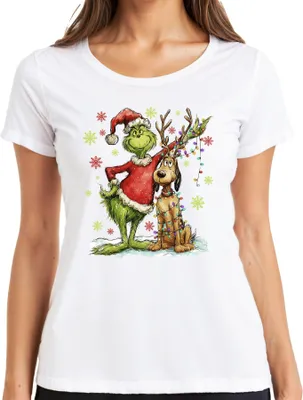 Produktbild von Grinch Weihnachten Rentier Lichterkette Schneeflocken Geschenk Damen T-Shirt, Weiß, L