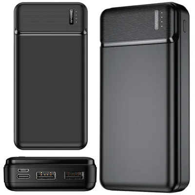 A product shot of a black power bank, shown from multiple angles.