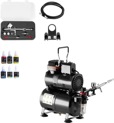Produktbild von SucceBuy Airbrush-Set 1/6 PS mit Luftkompressor und Tank, Dual-Action Airbrush-Pistole mit drei Düsen (0,2/0,3/0,5 mm), Schlauch, Acrylfarben und Ventilator, ideal für Kuchendekoration, Modellmalerei und Nageldesign
