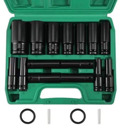 Imagen del producto de Juego de vasos para atornilladoras de impacto, 15 piezas, con transmisión de 1/2 pulgada, de 8 a 32 mm, para reparaciones de automóviles
