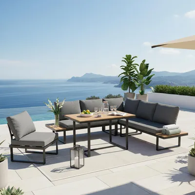 Produktbild von Flieks Gartenlounge-Set 5 Teilig, Balkonmöbelset mit Gartentisch für 6 Personen, Gartensofa mit Ecksofa & Stuhl, Couchtisch mit Kunststoffplatte, Grau