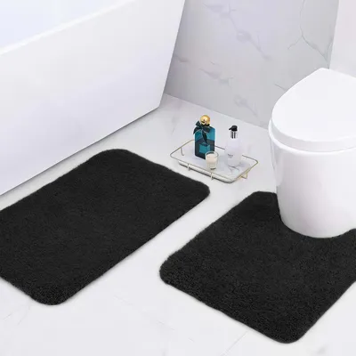 Image de Tapis de bain en microfibre, extra épais (2 cm), ultra-absorbant, 50 x 80 cm et 50 x 50 cm, en forme de U, noir