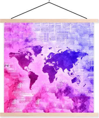Produktbild von MuchoWow® Textilposter Weltkarte - Zeitungen - Farben 120x120 cm mit holzfarbenen Rahmen - Textil-Poster