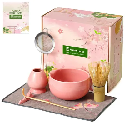 Immagine prodotto di Set regalo Matcha da 7 pezzi, rosa, con brocca per versare, frusta in bambù (chasen) e supporto