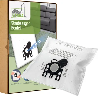 A product box and a vacuum cleaner bag are shown.
