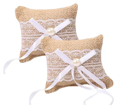 Produktbild von Jute-Spitze Ringkissen - Rustikales Design - Ringhalter für Hochzeiten - 2 Stück, 10 x 8 cm