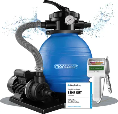 A pool sand filter system with a pump and a water tester, presented on a white background with water splashes.