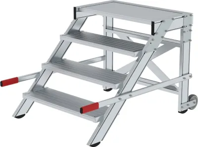 Produktbild von Arbeitspodest fahrbar | Stufenbreite 80cm | 4 Stufen | Aluminium geriffelt | Rutschfeste Kunststoffschuhe