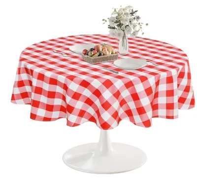 Productafbeelding van Karierte tafelkleed, rond, 140 cm, afwasbaar, weerbestendig, vlekbestendig, waterdicht, rood-wit, polyester