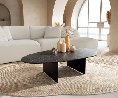 Produktbild von DELIFE Couchtisch Edge Oval 140x75 cm Keramik Laminam® Noir Desir Braun Salto Metall Schwarz