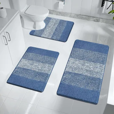 Image de Ensemble de trois tapis de bain en microfibre, antidérapants, de couleur bleue