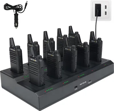 A multi-unit charger with multiple walkie-talkies plugged in, connected to a power source.