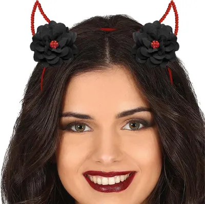 Imagen del producto de Diadema con forma de cuernos demoníacos, flores oscuras, ideal para Halloween, disfraz de diablo, accesorios de fantasía, adorno para la cabeza, elementos místicos, disfraz, atuendo festivo, carnaval, fiesta, estilo gótico, color: multicolor