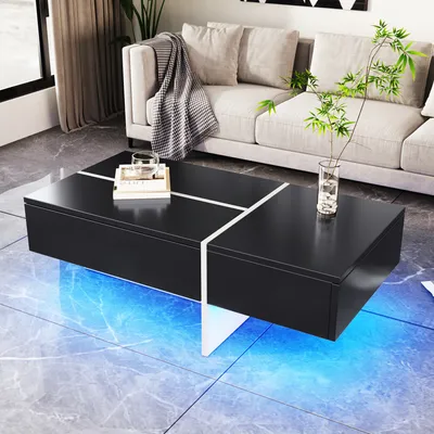 Produktbild von MODFU Hochglanz Couchtisch Beistelltisch mit App-gesteuertem LED Beleuchtung，Rechteckig Kaffeetisch mit 3 Schubladen,  100x50x34.5 cm, Schwarz