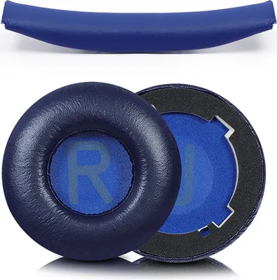 A top view of a blue headband and two blue ear pads for headphones.