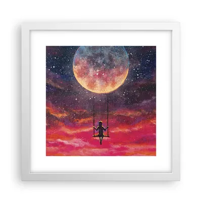 Produktbild von Gerahmtes Poster - Weißer Rahmen - Mond Schaukel Frau - 30x30 cm - Wand Bild - Wanddeko - Wandbilder - Kunstposter - Wandposter - Bilderrahmen - Bilder - Kunstdruck - Wanddekoration - P2WAC30x30-5095