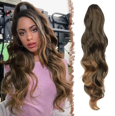 Image de Pièce de cheveux de type queue de cheval, synthétique, ondulée, avec des boucles, de 60 cm, de couleur marron à châtain