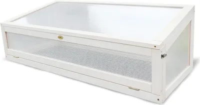 A white cold frame for a raised garden bed, shown from a diagonal angle against a white background.
