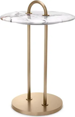 Produktbild von Casa Padrino Luxus Beistelltisch Messing / Weiß Ø 38,5 x H. 58 cm - Runder Tisch mit Marmorplatte und Tragegriff - Wohnzimmer Möbel - Luxus Möbel - Wohnzimmer Einrichtung - Luxus Qualität