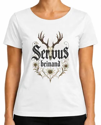 Imagen del producto de Camiseta de mujer con motivos de "Servus", "beinand Hirsch" (ciervo), "Geweih" (astas) y "Edelweiss", estilo tradicional, pantalones de cuero, camiseta, color blanco, talla S