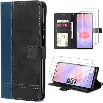 Image de Coque + 2 Verres Trempés pour Samsung Galaxy A37 5G, Anti-Rayures Effet Cuir Bicolore Bleu Marine