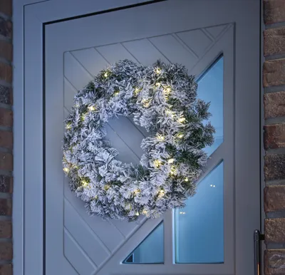 Produktbild von LED Tannenkranz - Schneeoptik - 50 warmweiße LED - D: 60cm - 8 Funktionen - Batterie - grün, weiß