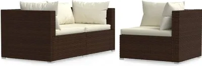 Image de vidaXL Ensemble de salon de jardin 3 pièces avec coussins Marron Poly Rattan