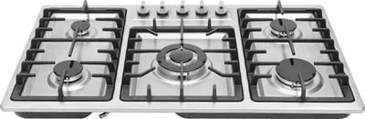 Obrázek produktu pro Plynová varná deska – vestavná – 5 hořáků – 86 × 51 cm – elektrické zapalování 220 V – litinové mřížky – nerezová ocel – černá