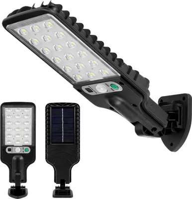 A black LED solar street light with a motion sensor is mounted on a wall. Two smaller versions of the light are shown in the foreground, one with the LEDs visible and the other with the solar panel visible.