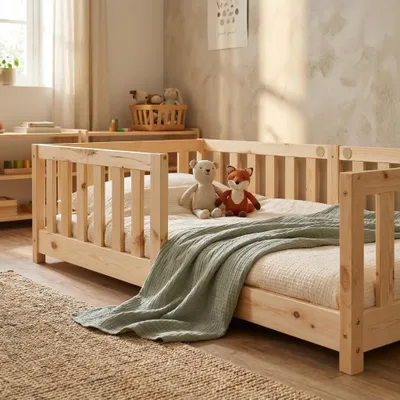 Produktbild von Kinderbett mit Rausfallschutz inkl. Lattenrost | 90 x 200 cm | Natur | Kiefernholz  - Massivholz | für Mädchen und Jungs | Kinderbetten