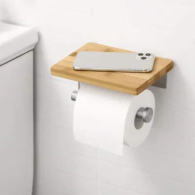 Produktbild von Toilettenpapierhalter mit Ablage gebürsteter Edelstahl selbstklebend Bambus Wandmontage BPH220BADM-2