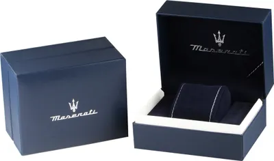 A dark blue Maserati watch box, open and closed, on a white background.