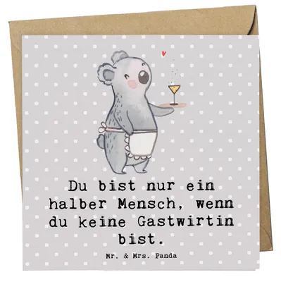 Produktbild von Mr. & Mrs. Panda Glückwunschkarte Gastwirtin Herz - Grau Pastell - Geschenk, Kneipe, Bar, anlasskarte, Spruch, Grußkarte, Klappkarte, Rum, faltkarte, doppelkarte