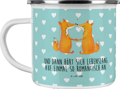 Produktbild von Mr. & Mrs. Panda becher emaille Füchse Liebe - Türkis Pastell - Geschenk, Fox, Teetasse, Haferl, Tasse, Teebecher, Partner, Pott, Fuchs