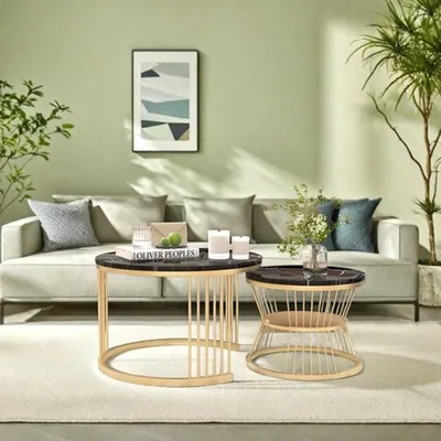 Zdjęcie produktu dla Zestaw dwóch stolików kawowych - okrągłe, z miejscem do przechowywania - 80x80x20 cm - nowoczesny design, imitujący marmur