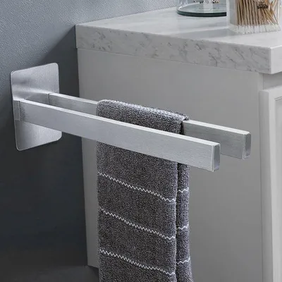 Zdjęcie produktu dla Dwuramienny wieszak na ręczniki ze stali nierdzewnej, 40 cm, samoprzylepny, do montażu na ścianie, do łazienki, do kuchni