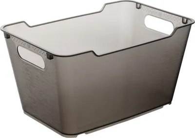 A single, empty storage box with handles, shown from a slightly elevated side angle against a white background.