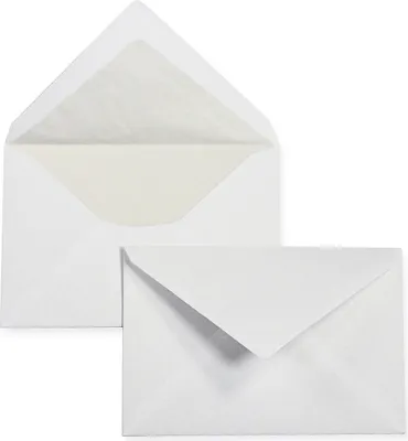 Two white envelopes are shown against a white background. One envelope is open, revealing its lined interior, while the other is closed.