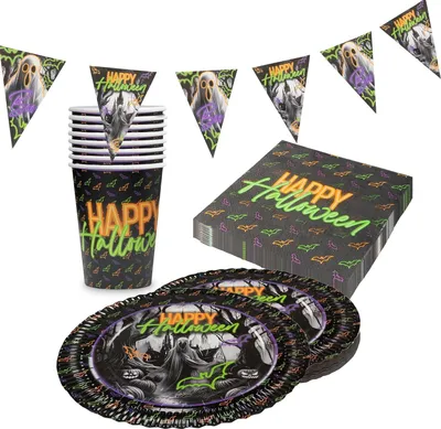 Produktbild von Halloween Neon Partyset – 4-teilig mit Tellern, Bechern, Servietten, Wimpelkette