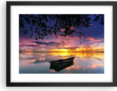 Produktbild von Gerahmtes Poster - Schwarzer Rahmen - Boot Sonnenuntergang See Himmel - 40x30 cm - Wand Bild - Wanddeko - Wandbilder - Wandposter - Bilderrahmen - Bilder - Kunstdruck - Wandbild - P2BAA40x30-2967